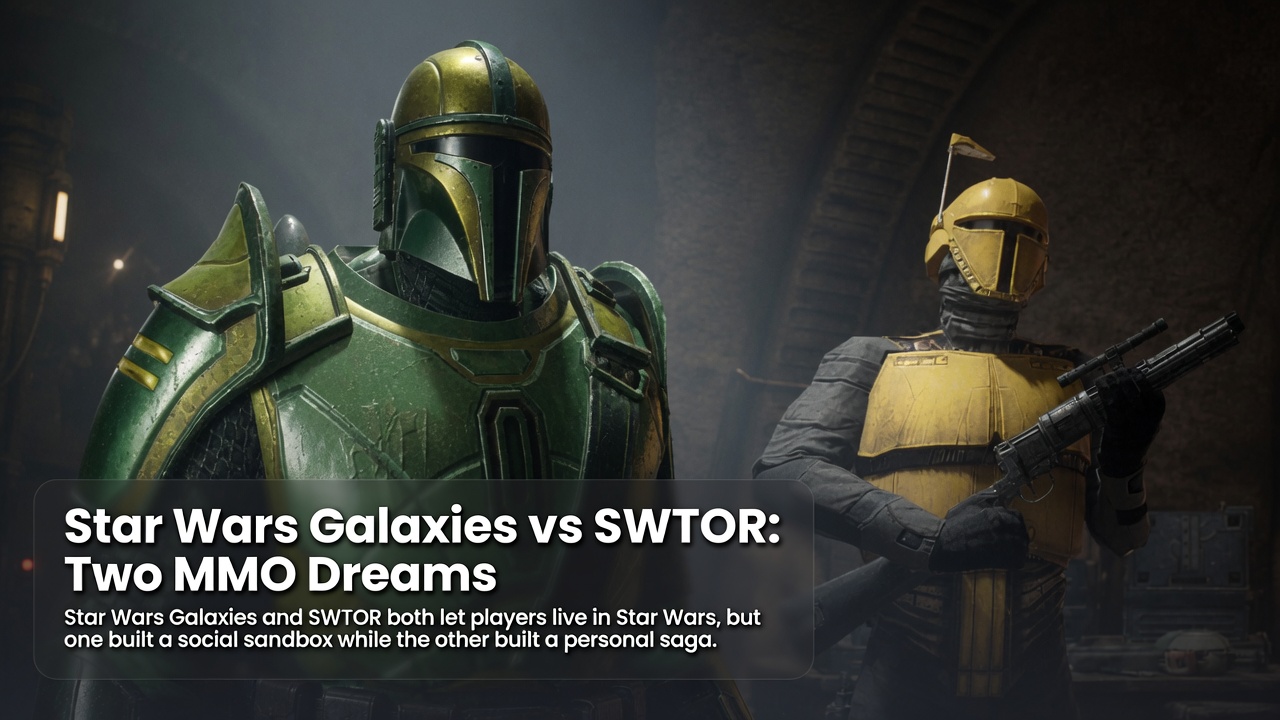 Two armored Star Wars characters in a cinematic sci-fi setting used as a header image for an article comparing Star Wars Galaxies and SWTOR.