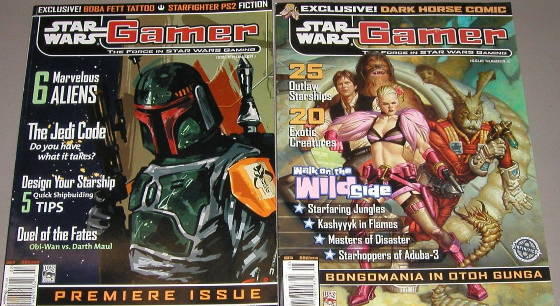 Star Wars Gamer magazine issues 1 and 4 featuring Boba Fett and issue 4 cover art, for an article about Star Wars gaming magazine history.