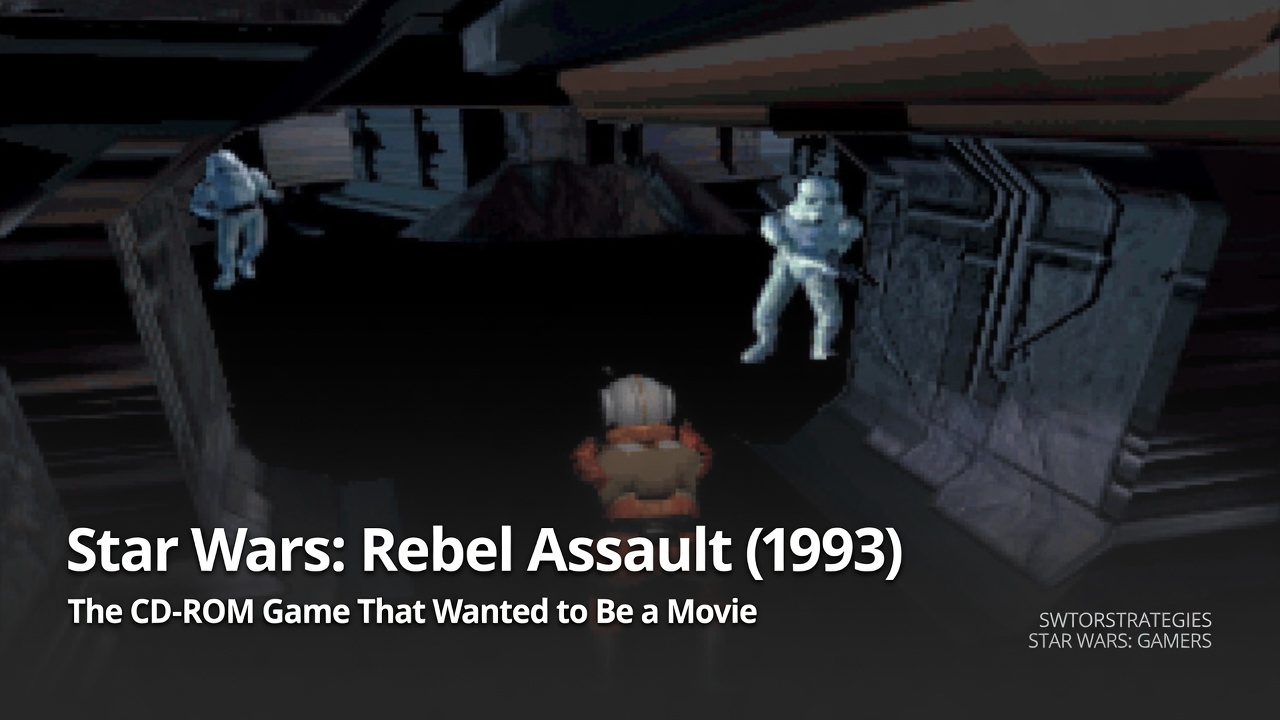 Header image for Star Wars: Rebel Assault (1993) showing a dark Imperial corridor gameplay scene with stormtroopers and a Rebel pilot in early CD-ROM-era Star Wars graphics.