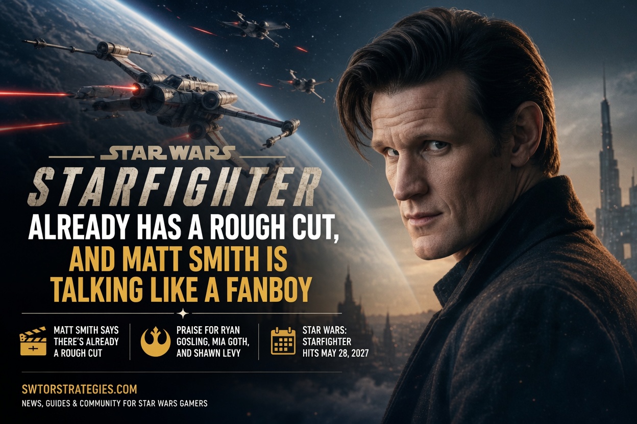 Cinematic Star Wars inspired header image showing starfighters in space and a dramatic character portrait with title text about Star Wars Starfighter already having a rough cut.