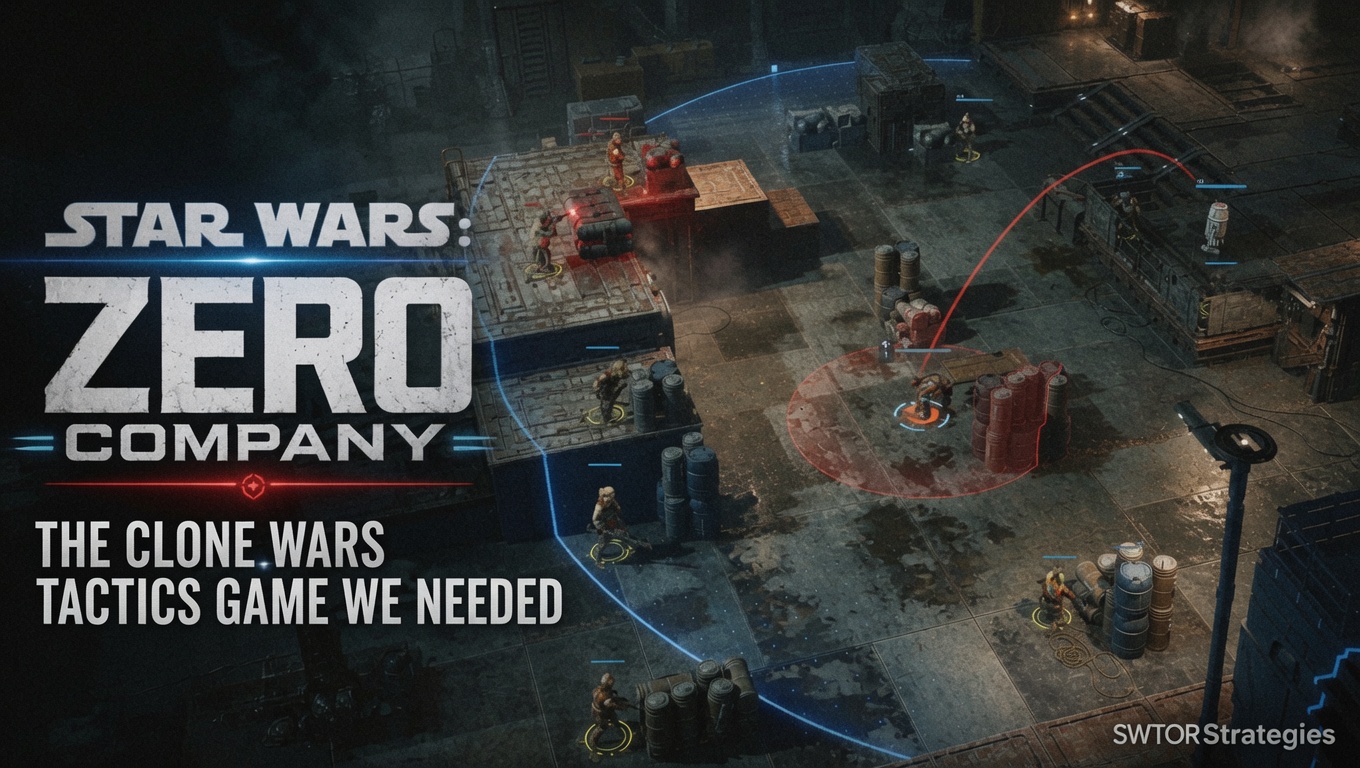 Star Wars Zero Company header image showing a turn-based Clone Wars tactics battle with squad units, cover, targeting arcs, and battlefield UI.