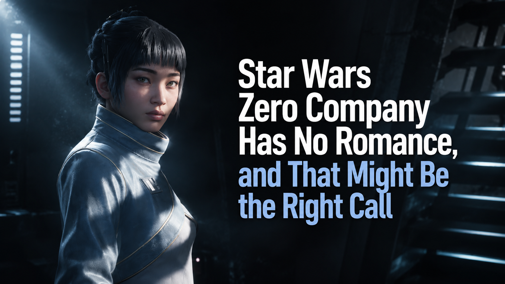 Star Wars Zero Company header image showing a young woman in a sci-fi setting for an article about the game having no romance system.