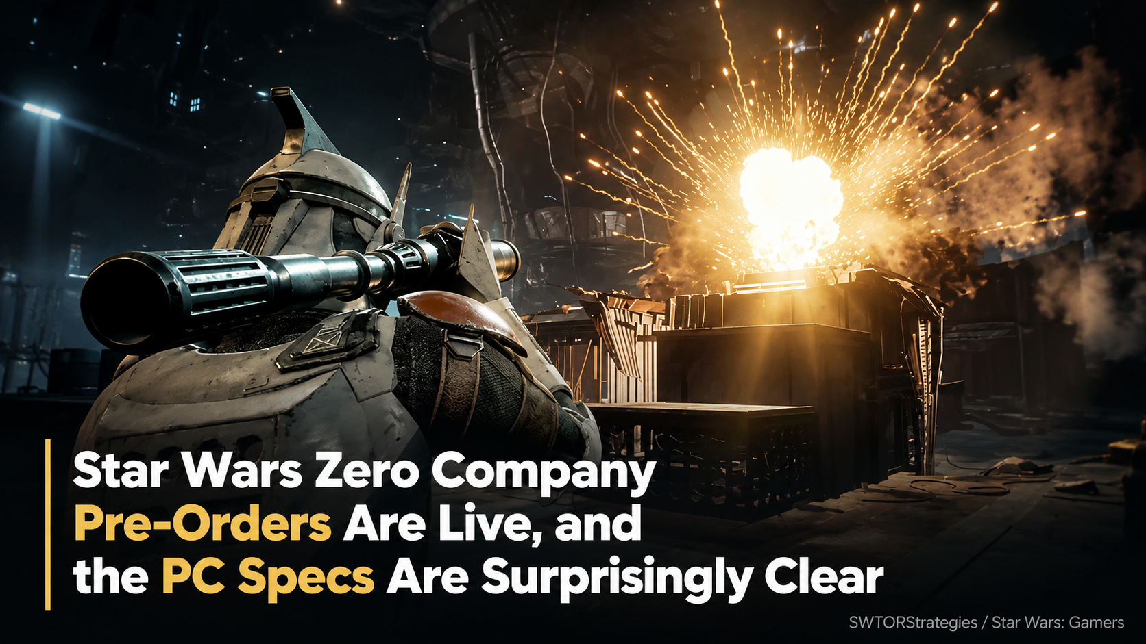 Star Wars Zero Company-inspired header image showing a Clone Wars tactical combat scene with explosion and title text about pre-orders and PC specs.