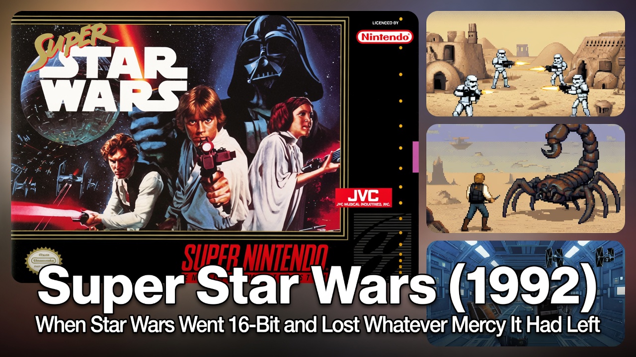 Header image for Super Star Wars (1992) showing a retro collage of SNES-era box art and 16-bit gameplay scenes from Tatooine and the Death Star.