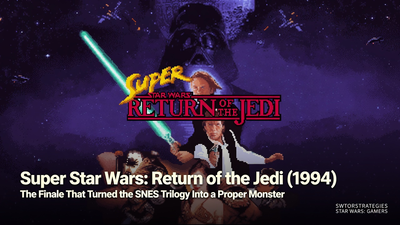 Header image for Super Star Wars: Return of the Jedi (1994) featuring retro SNES-style pixel art of Luke, Han, Leia, Vader, and Ewok imagery in a dark purple-blue Star Wars scene.