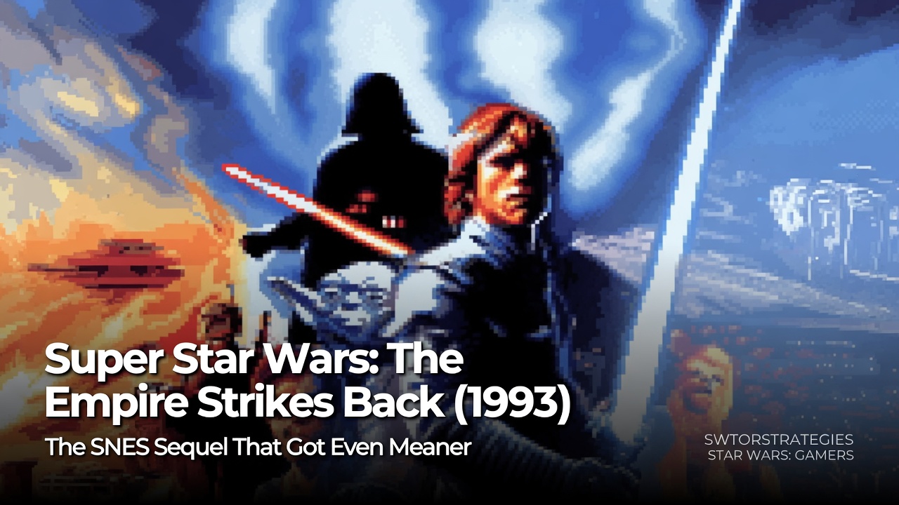 Header image for Super Star Wars: The Empire Strikes Back (1993) featuring retro SNES-style pixel art of Luke Skywalker, Darth Vader, and Yoda with dramatic blue and orange lighting.