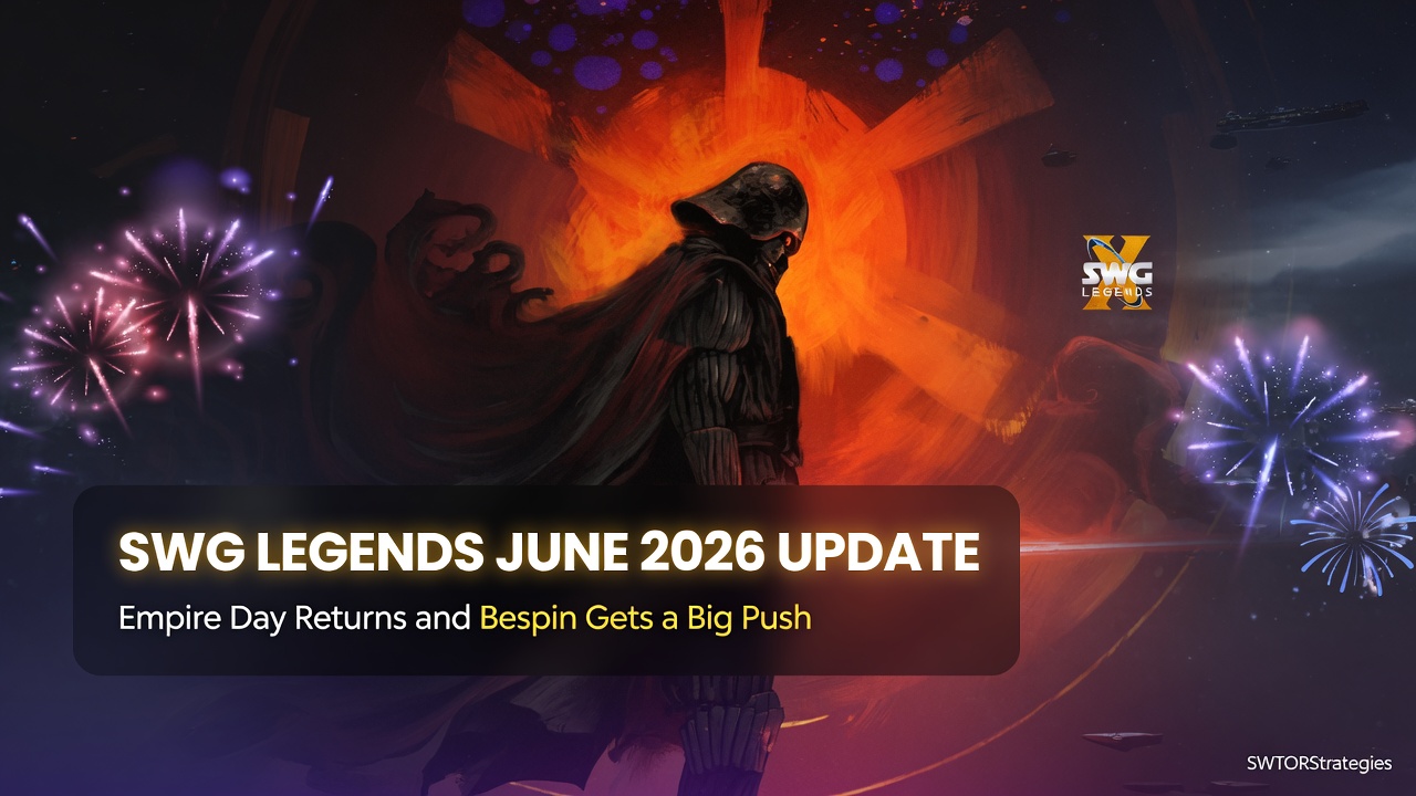 SWG Legends June 2026 update header image with Empire Day fireworks, a dark Imperial-style figure, and cinematic event lighting.