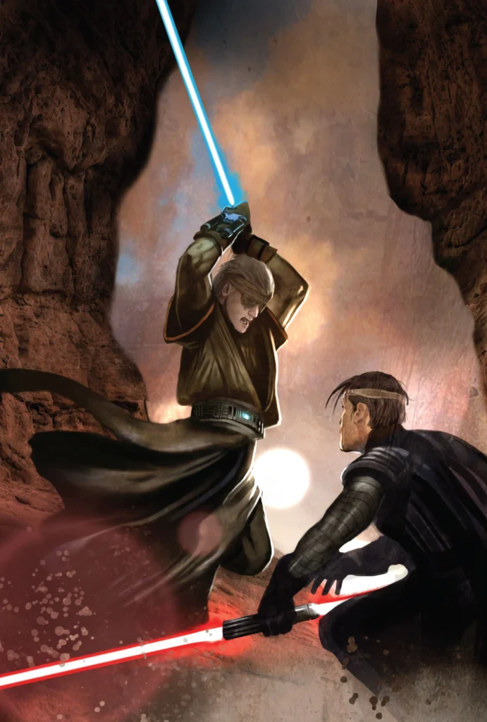 Two warriors dueling with glowing lightsabers in canyon