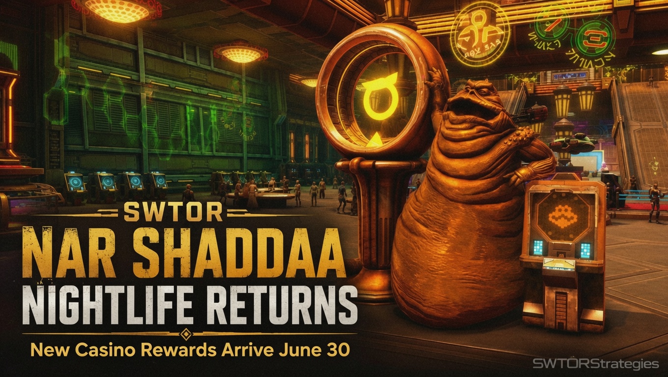 SWTOR Nar Shaddaa Nightlife header image showing a neon casino interior with a Hutt-style figure and text about new casino rewards.