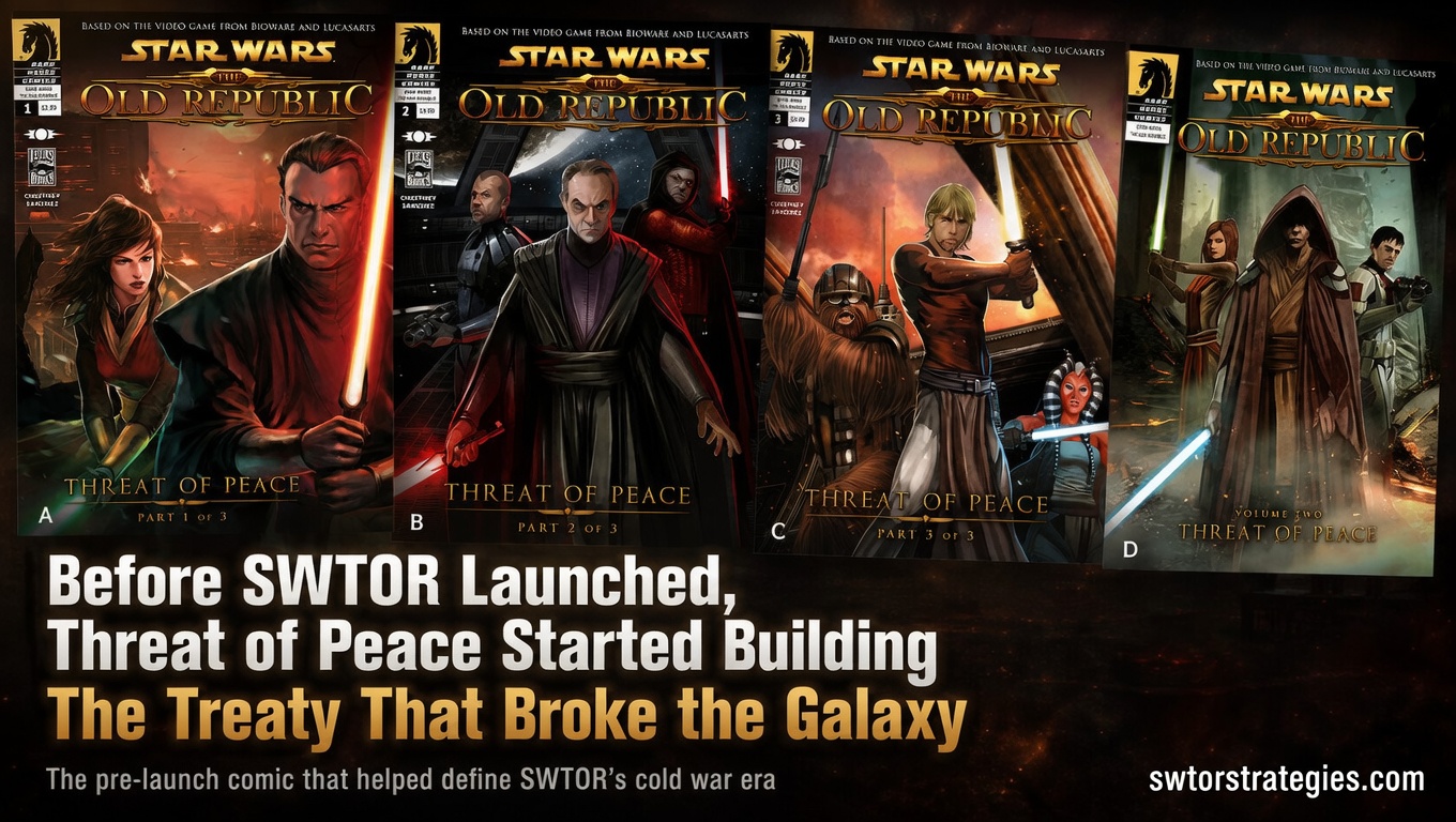 Header image showing Star Wars: The Old Republic Threat of Peace comic covers in a collage with title text about how the pre-launch comic built the treaty that broke the galaxy.