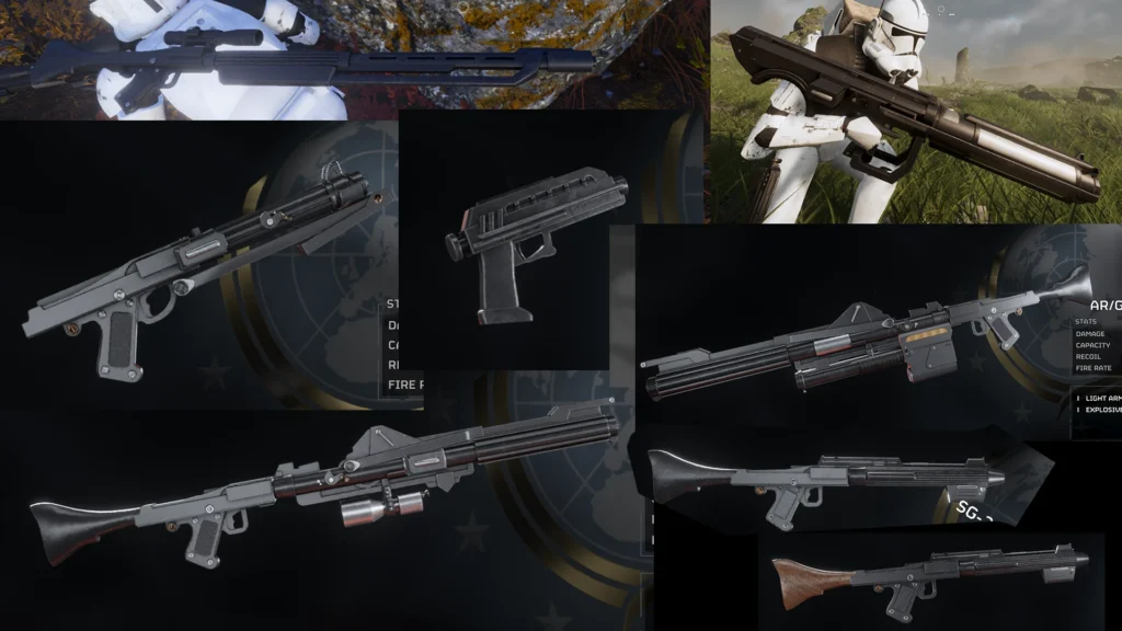Collage of sci-fi blasters and stormtrooper weapons