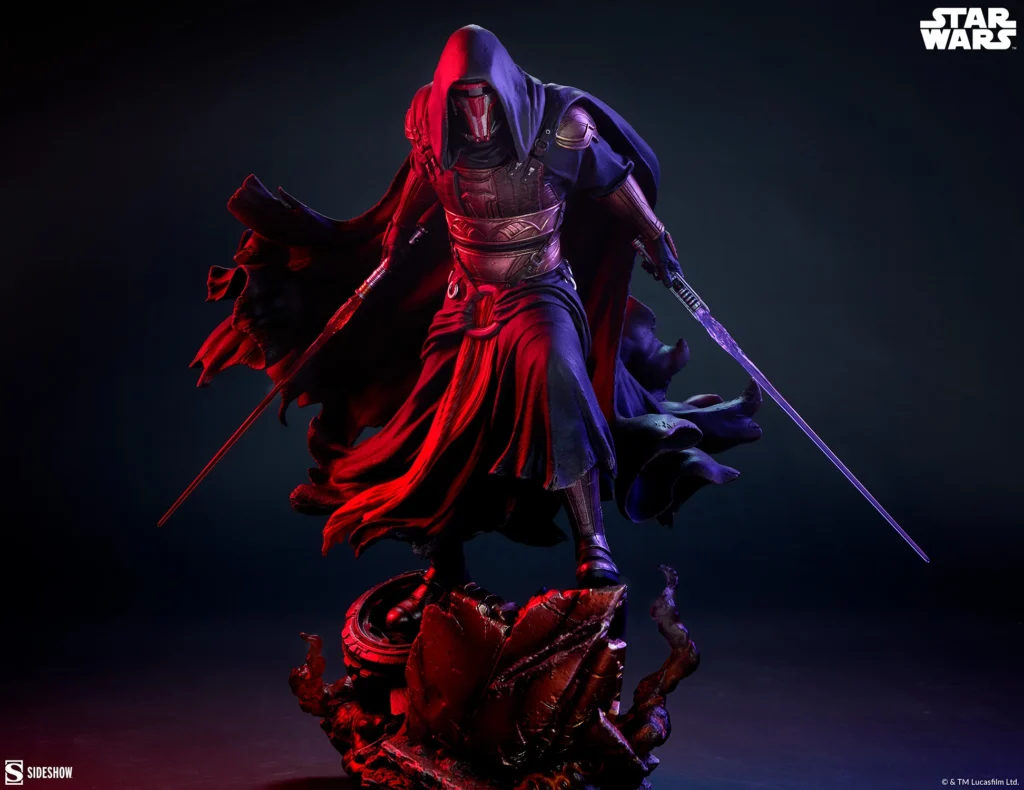 Hooded Sith warrior statue with dual lightsabers