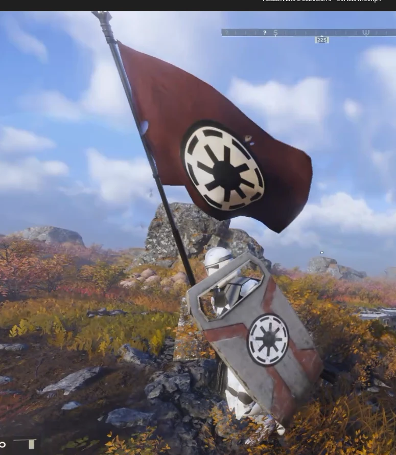 Stormtrooper holding Imperial flag in rocky landscape
