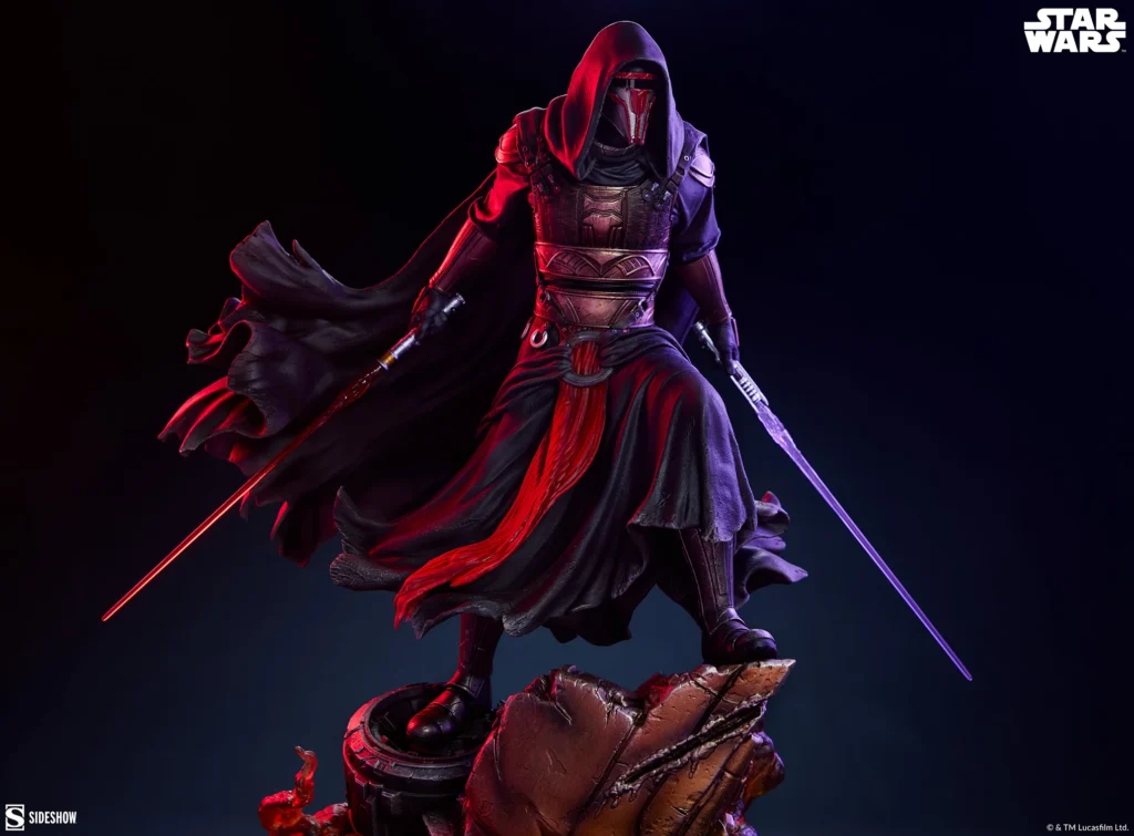 Hooded Sith warrior statue with dual lightsabers