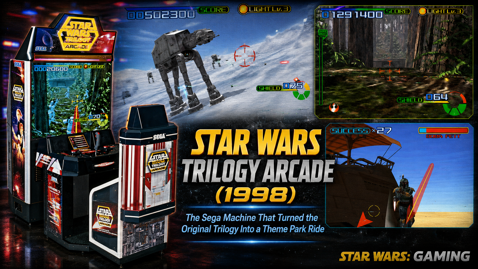 Star Wars Trilogy Arcade (1998) header image featuring the original Sega arcade cabinet and gameplay scenes from Hoth, Endor, and the Boba Fett bonus battle.