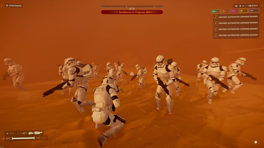 Stormtroopers running through desert sandstorm in video game