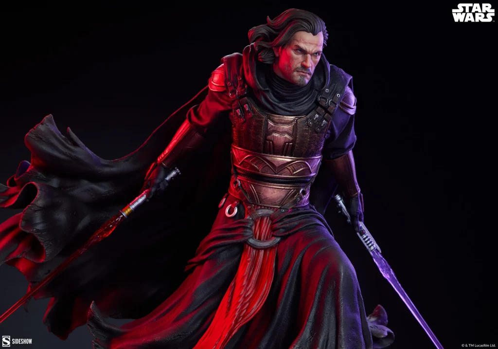 Sith warrior statue with red lightsaber