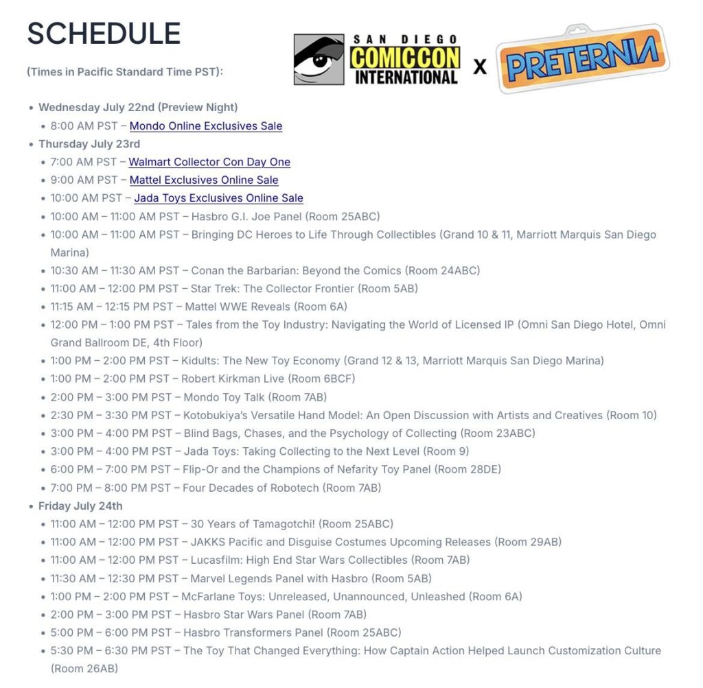 San Diego Comic-Con Preternia event schedule list
