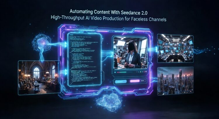 Futuristic infographic showing Seedance 2.0 AI video automation workflow with digital hosts, custom b-roll, scripts, and multi-platform publishing