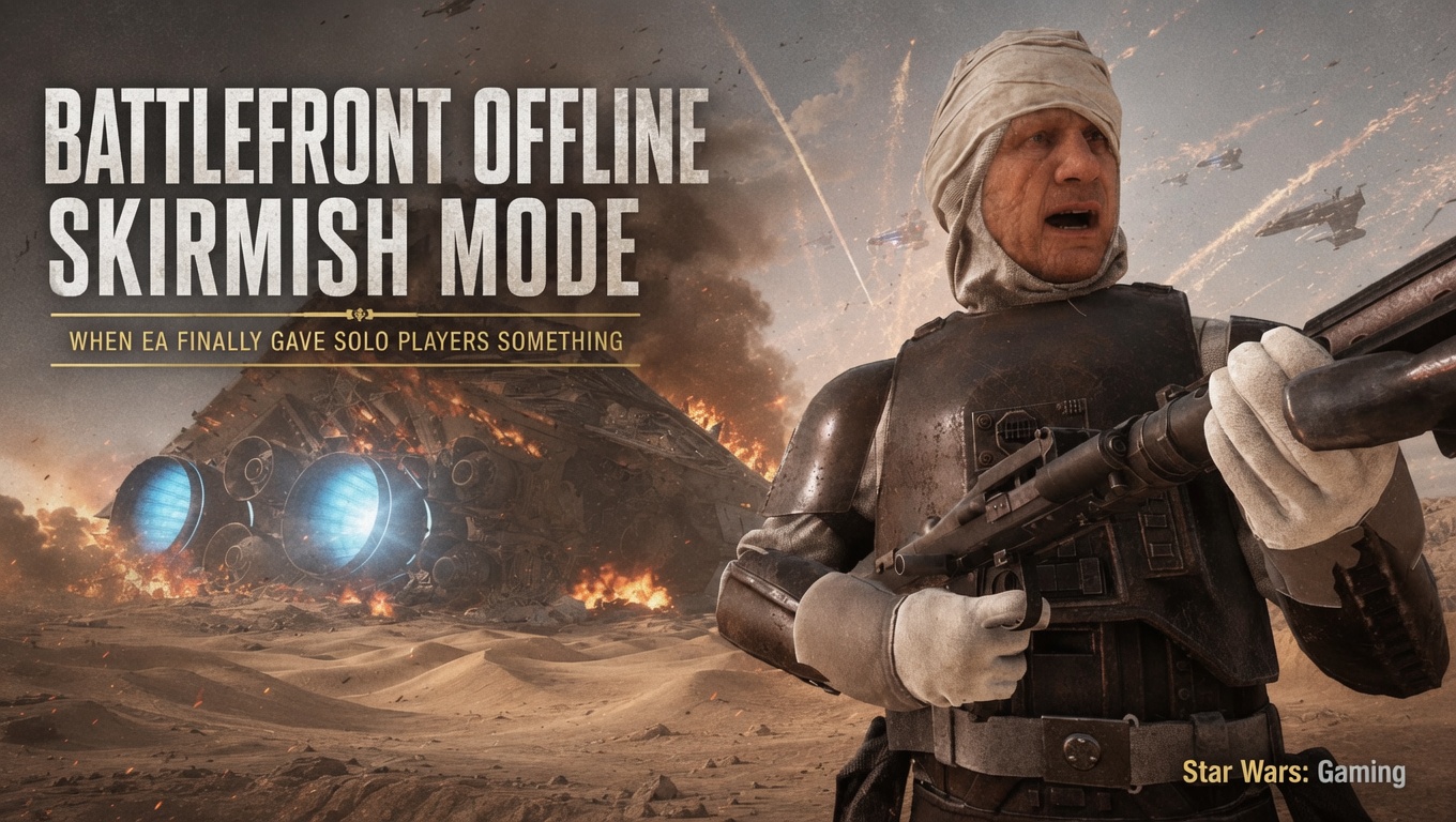 Star Wars Battlefront 2015 Offline Skirmish article header showing Walker Assault and Fighter Squadron offline bot gameplay
