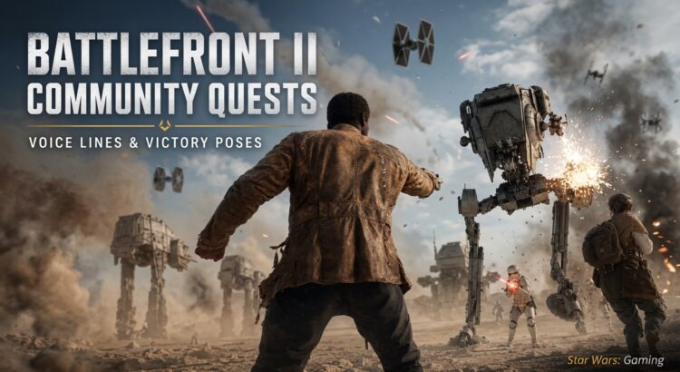 Star Wars Battlefront II July 2019 update article header about Community Quests, voice lines, and victory poses