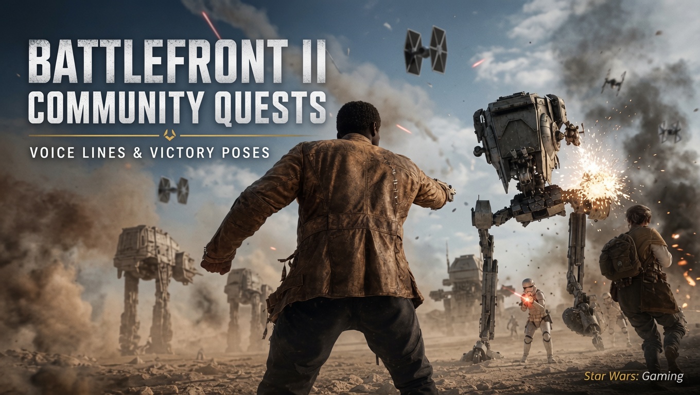 Star Wars Battlefront II July 2019 update article header about Community Quests, voice lines, and victory poses