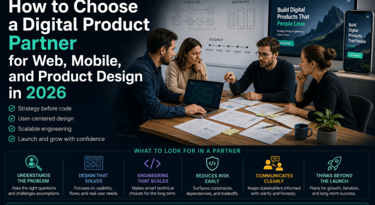 Team planning a digital product strategy with UX wireframes, mobile app design, web interface, roadmap, and engineering decisions