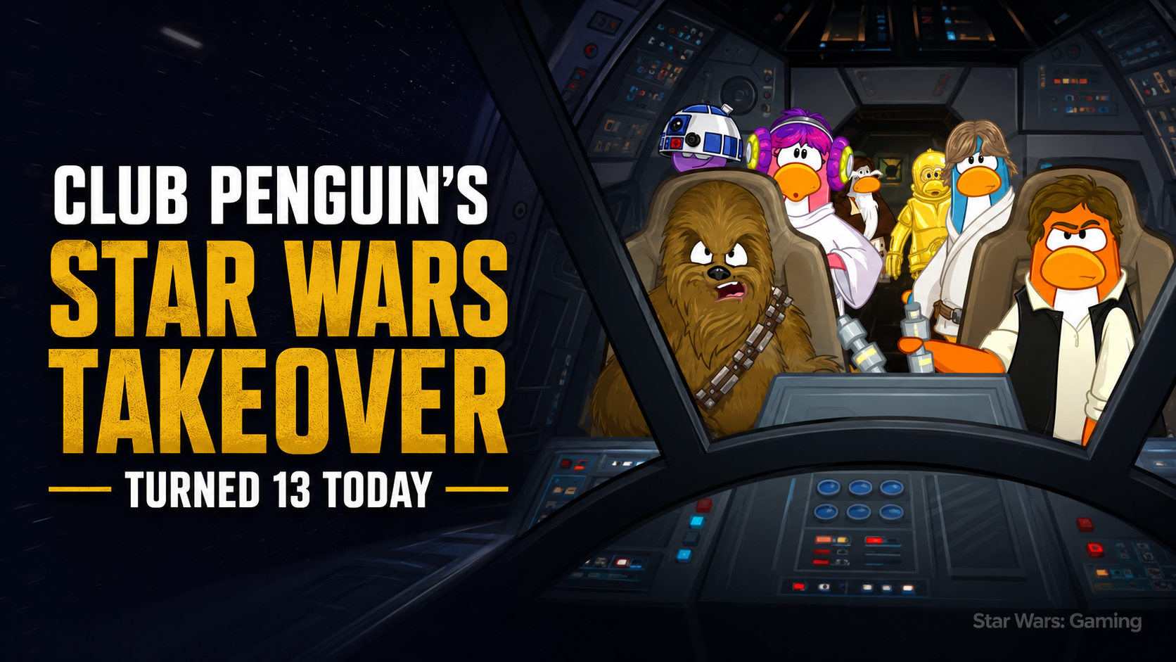 Club Penguin characters dressed as Star Wars heroes inside a spaceship cockpit for the Star Wars Takeover anniversary.