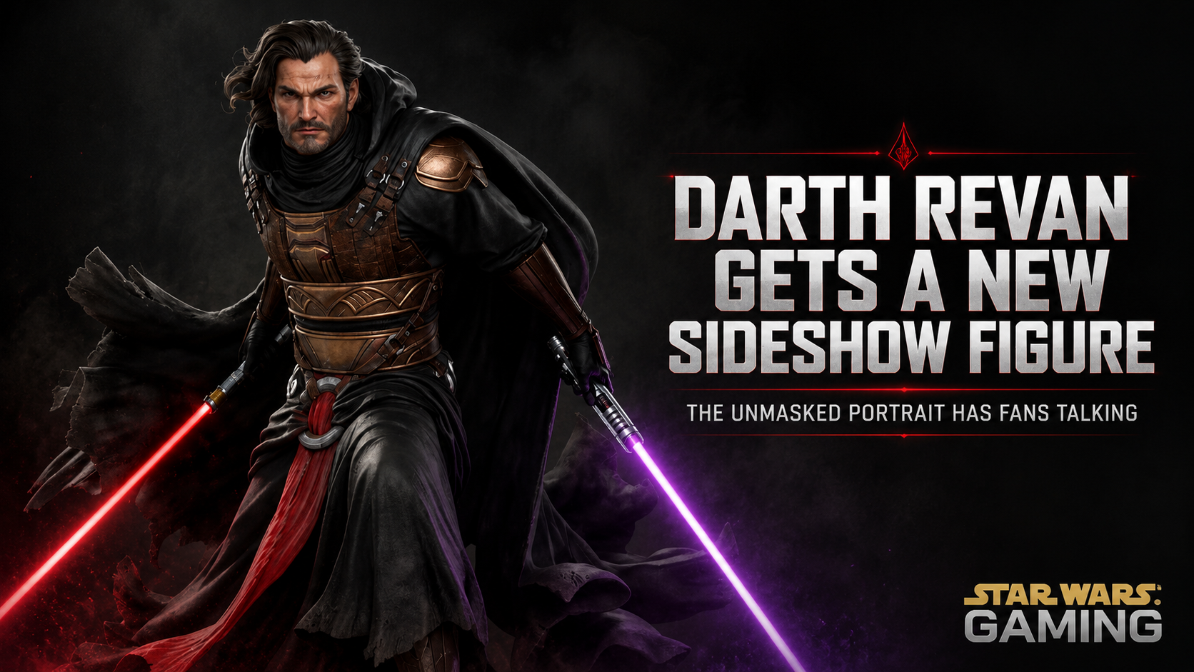 Darth Revan Sideshow figure with unmasked portrait, red and purple lightsabers, and Knights of the Old Republic collector design