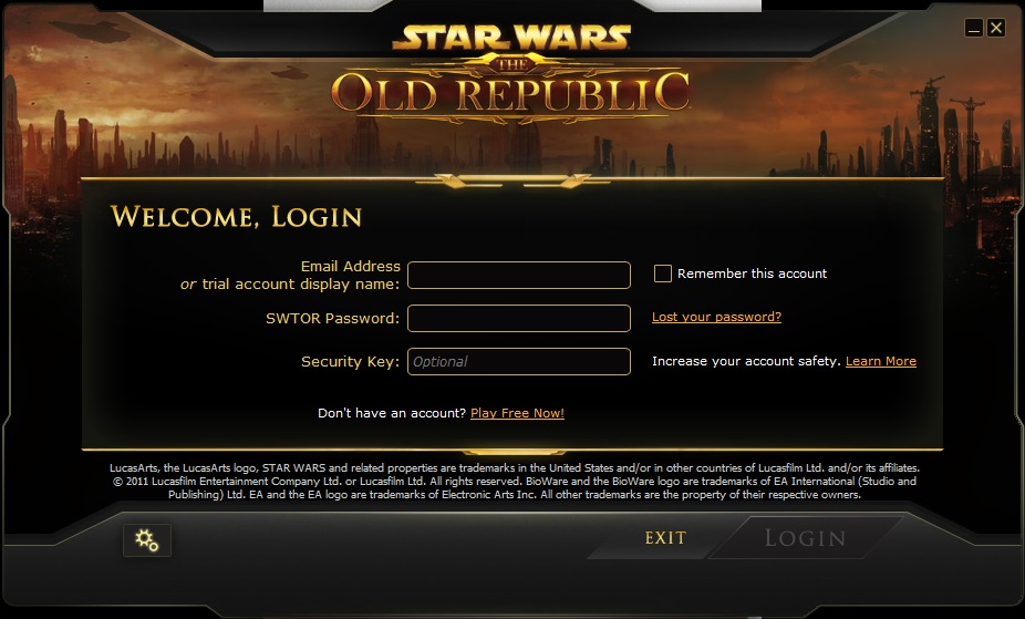 Star Wars The Old Republic login screen