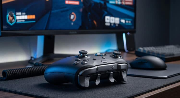Gaming controller on desk before monitor