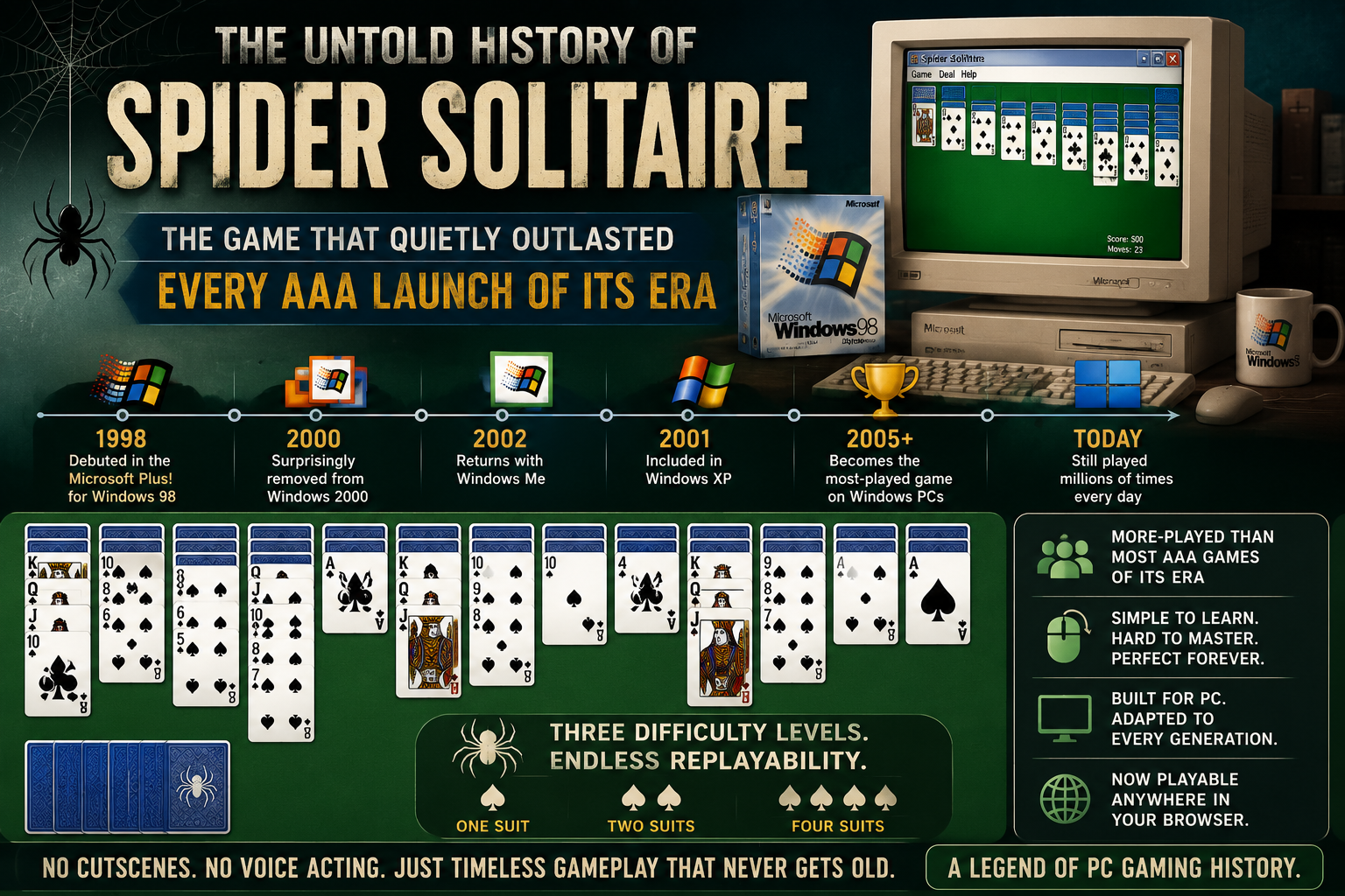Retro infographic showing Spider Solitaire on an old Windows PC with cards timeline and its lasting PC gaming legacy