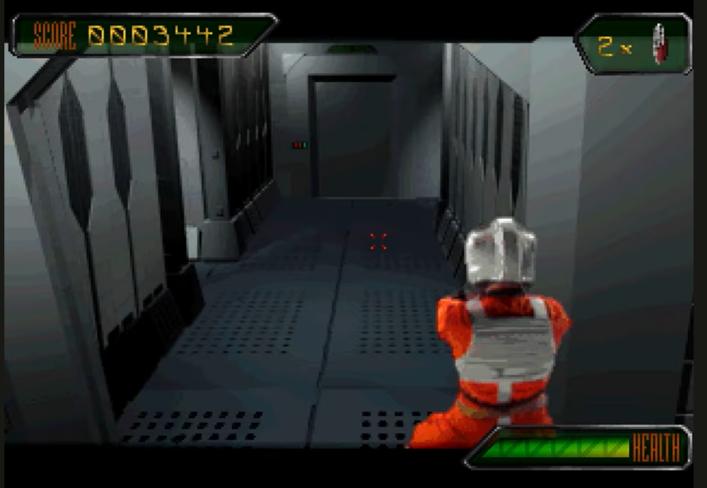Retro sci-fi shooter in spaceship corridor