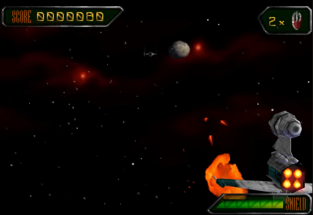 Retro space shooter with spaceship and planet backdrop
