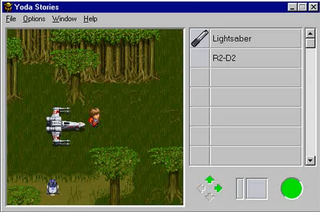 Yoda Stories game showing forest and spaceship