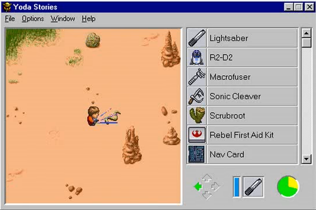 Yoda Stories game screen with desert battle