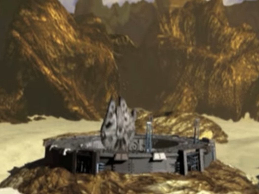 Spaceship on desert landing platform in canyon