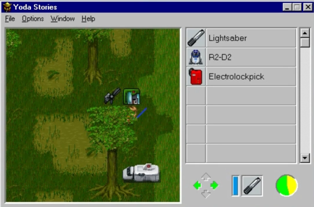 Retro Yoda Stories gameplay with forest and inventory