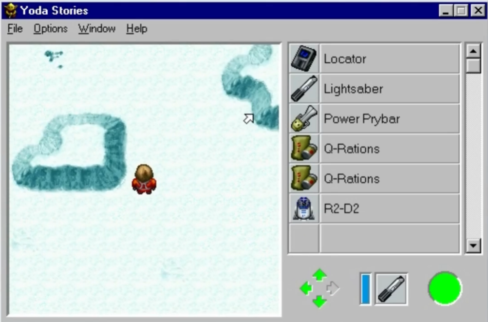 Yoda Stories game screen with snowy terrain