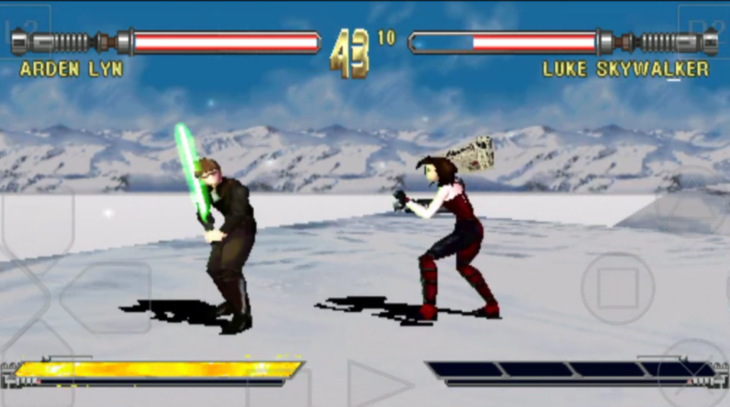 Retro game duel with lightsabers on snow