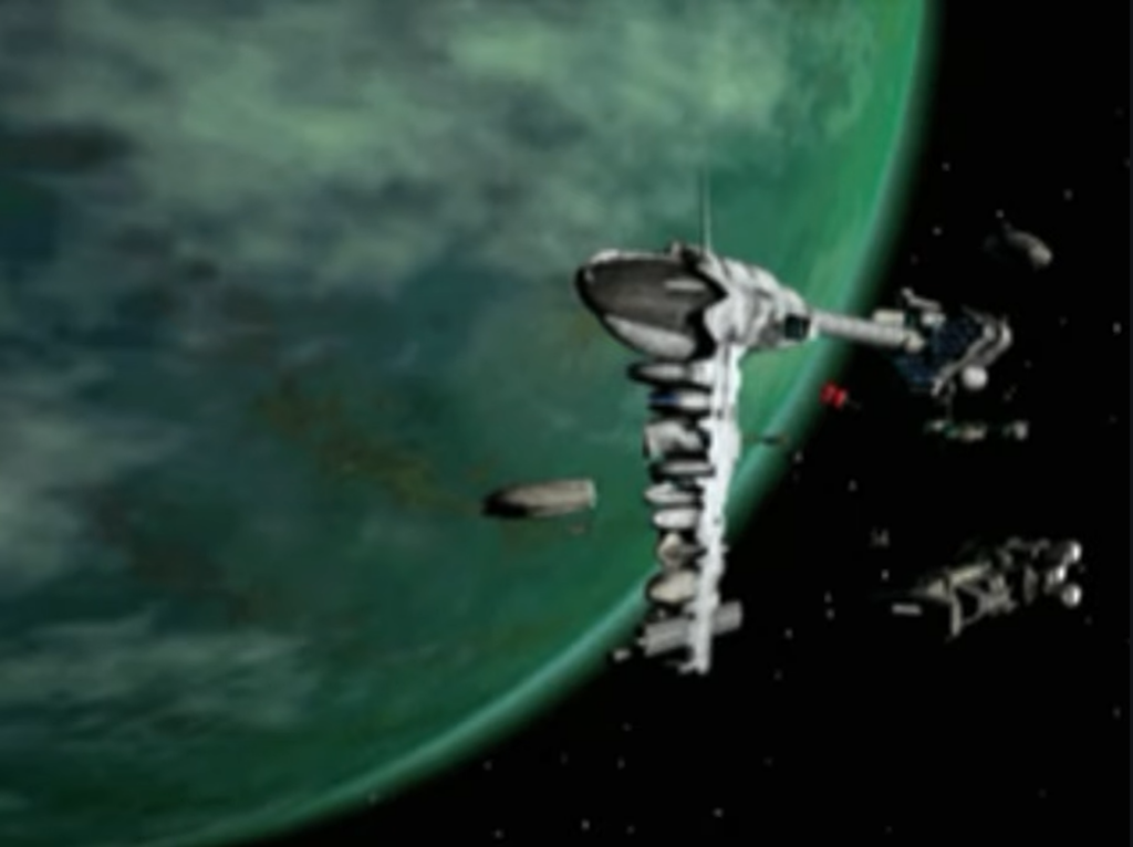 Futuristic space station orbiting green planet