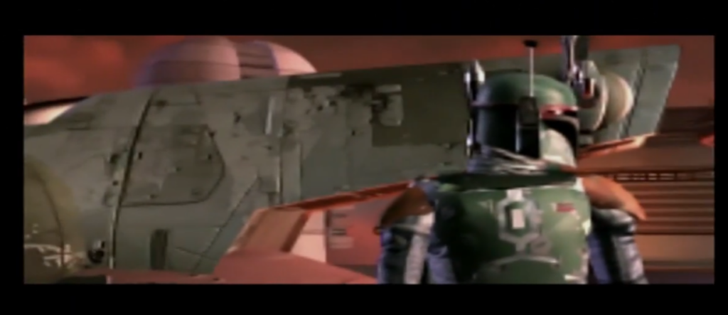 Boba Fett standing before his starship