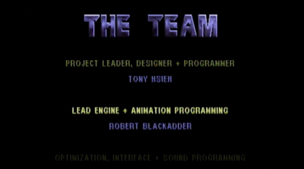 Video game team credits screen with names