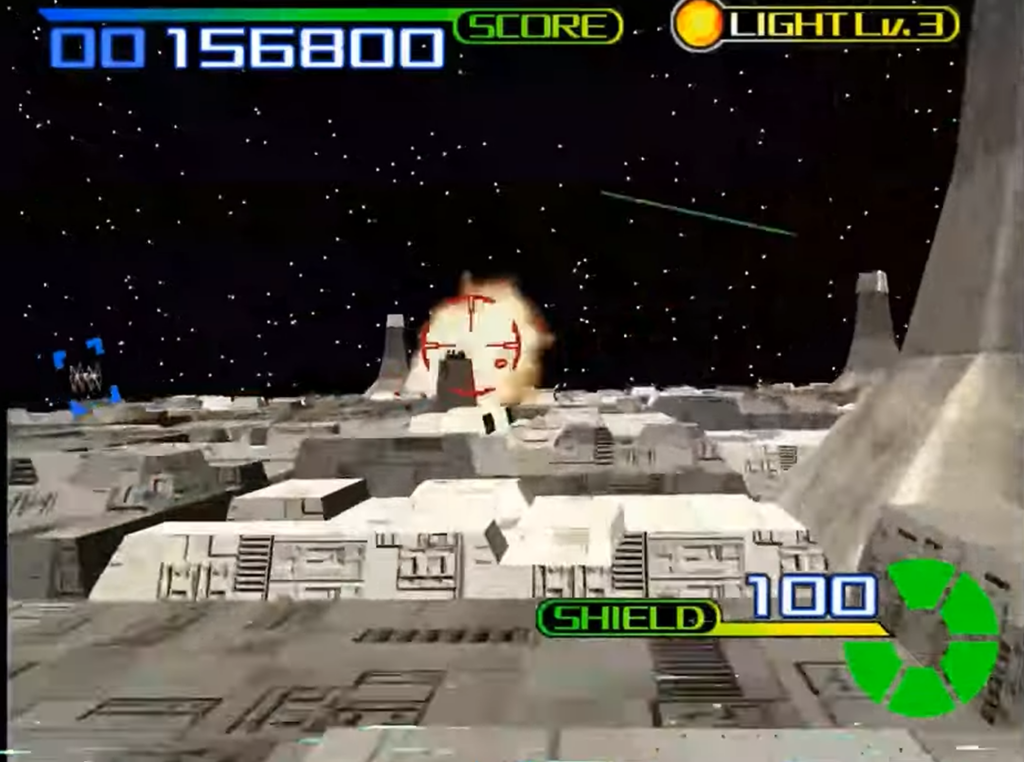 Retro space shooter trench run explosion scene