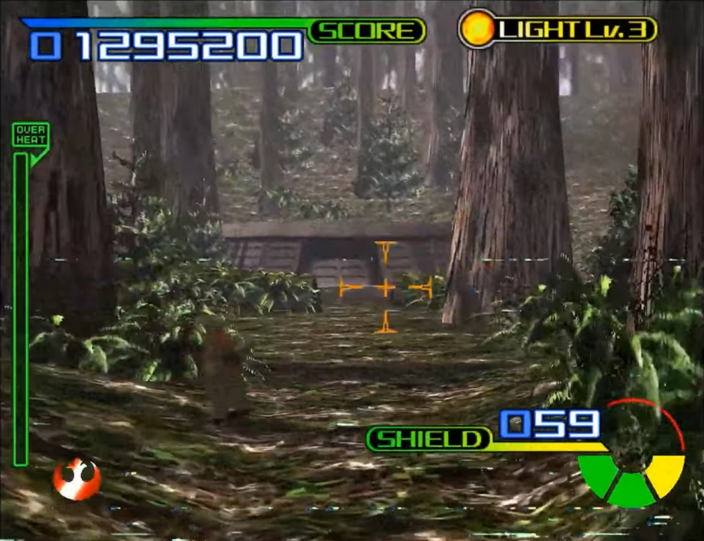 First-person shooter view in forest with HUD overlay