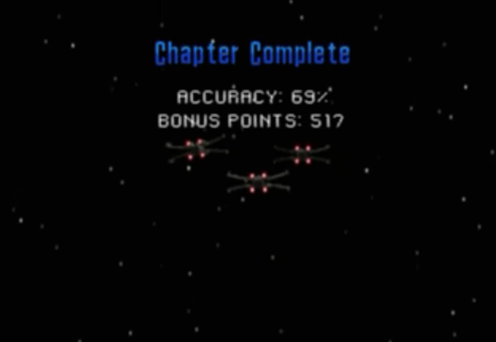 Chapter complete screen with space ships and score