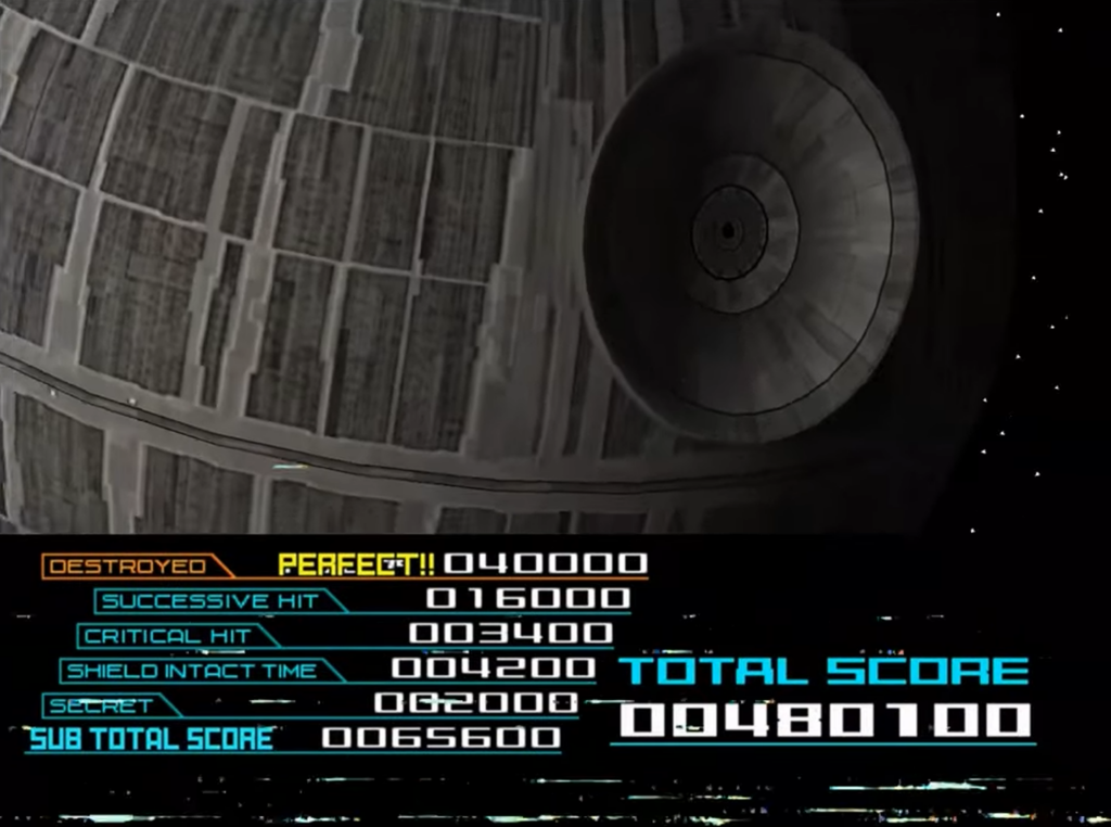 Death Star with arcade-style score overlay