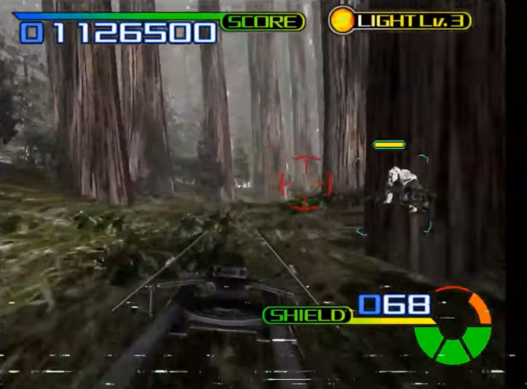 Speeder bike chase in dense forest game scene