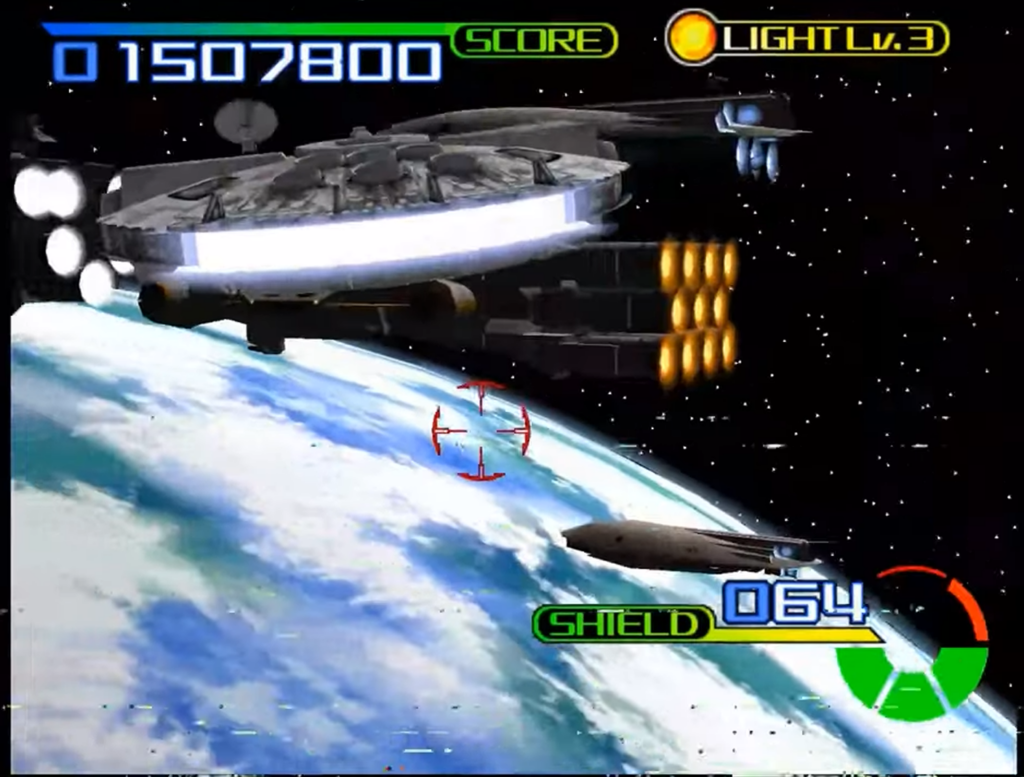 Space shooter game spaceship over Earth with HUD