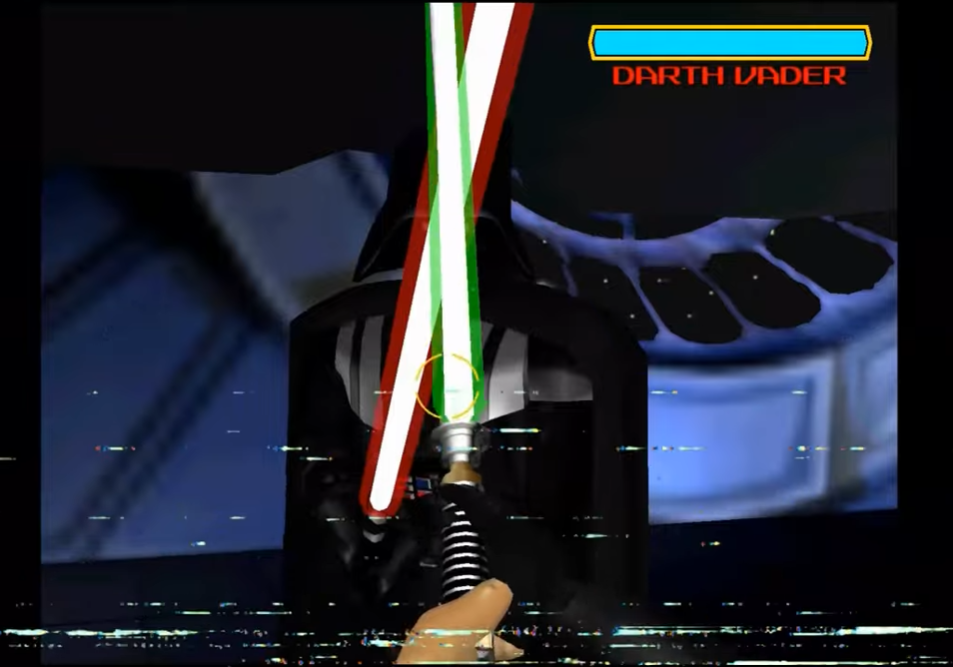 Darth Vader dueling with crossed lightsabers